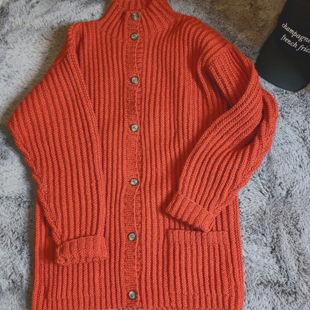 Calvin Klein Vtg Sweater Jacket ButtonBrick Red Wool Hand Knit Ribbed Size M - Picture 11 of 12